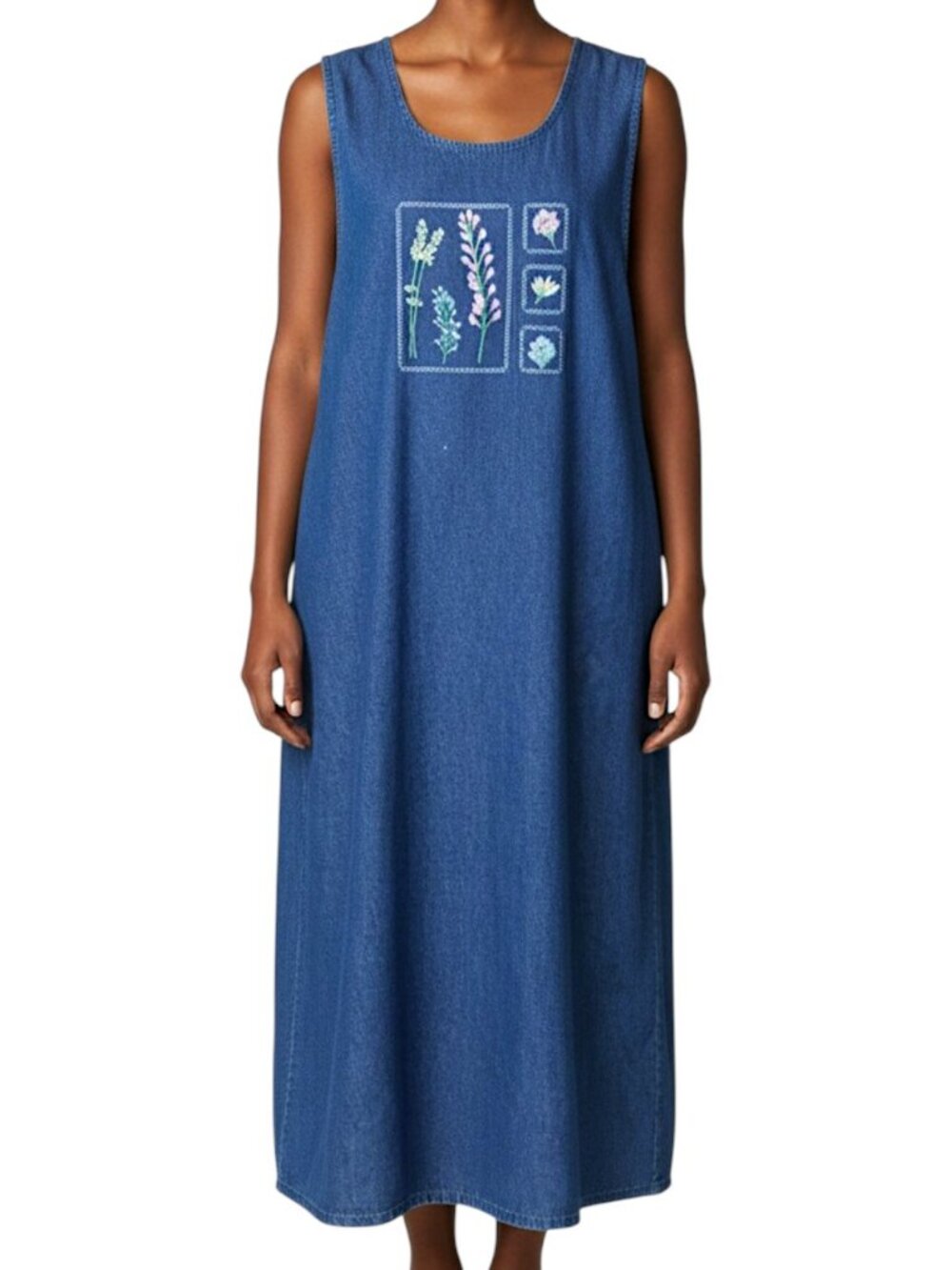 Westbound Blue Denim Embroidered Floral Maxi Dress Women's Size Petite L